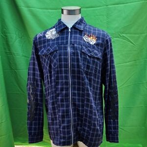 EMBELLISH PATCHS BIKER STYLE Men's Blue Checkered Lightweight Jacket XL